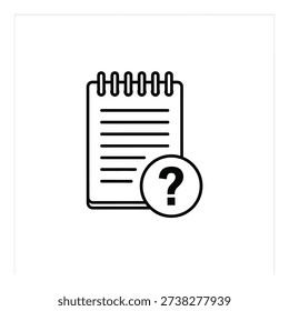 A simple line drawing of a spiralbound notebook with blank lines and a question mark icon placed next to it suggesting uncertainty or inquiry