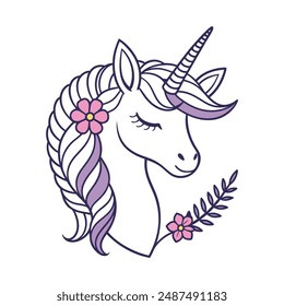 A simple line drawing of spiraled horn, large ears, closed eyes, and a floral crown of unicorn