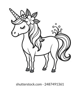 A simple line drawing of spiraled horn, large ears, closed eyes, and a floral crown of unicorn