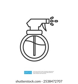 A simple line drawing of a spray bottle with a nozzle, typically used for dispensing liquids like cleaning solutions or sprays.