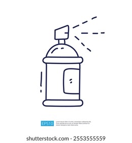 A simple line drawing of a spray can with a nozzle, commonly used for paint or aerosol products, depicting the act of spraying.