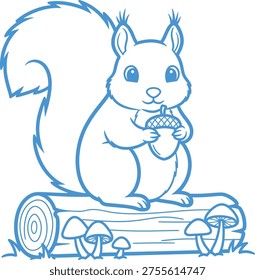 A simple line drawing of a squirrel sitting on a log eating a nut with mushrooms nearby