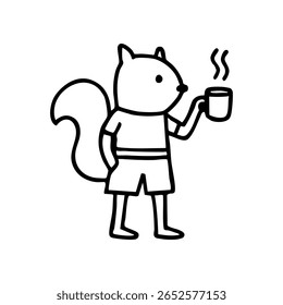 Simple line drawing of a squirrel wearing shorts and holding a steaming mug