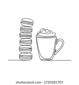 Dibujo de línea simple de una pila apilada de panqueques y una bebida caliente