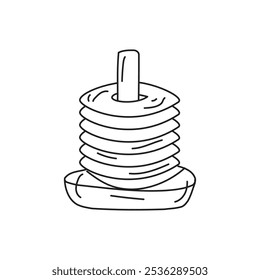 Un simple dibujo de línea de un juguete de apilamiento, con varios anillos de diferentes tamaños en una base, comúnmente utilizados para el desarrollo infantil y las habilidades motoras.