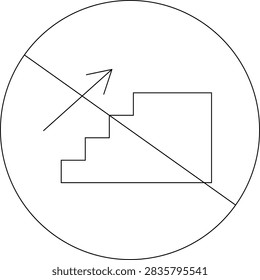 A simple line drawing of a staircase with an upward arrow crossed out by a diagonal line within a circle.