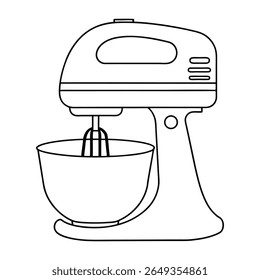 Um simples desenho de linha de um misturador de suporte com uma tigela. Perfeito para assar e cozinhar ilustrações e projetos.