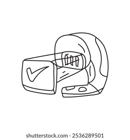 A simple line drawing of a stapler, showcasing its design and functionality.