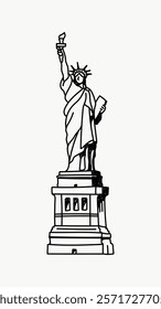 Simple line drawing of the Statue of Liberty. Iconic symbol of freedom, featuring torch and crown. Minimalist design of Liberty statue. Simple black line art doodle vector.