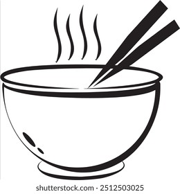 Simple line drawing of a steaming bowl of noodles with chopsticks. vector illustration