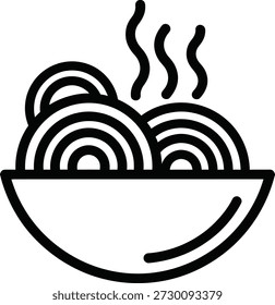 A simple line drawing of a steaming bowl of noodles on a plain white background