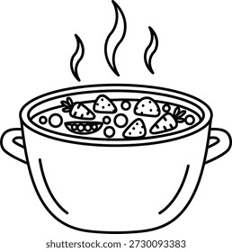 Un simple dibujo de línea de un tazón humeante de comida con dos asas a cada lado.