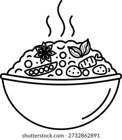 Un simple dibujo de línea de un tazón humeante de comida adornado con hierbas, probablemente una sopa o guiso.