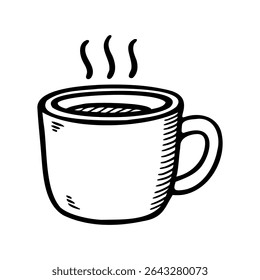 A simple line drawing of a steaming coffee cup. The cup is round with a handle, and steam rises from the top, indicating hot beverage inside.