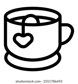 Simple line drawing of a steaming cup of tea with a heart shaped tea bag, representing love, warmth, and comfort