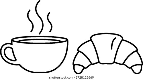 A simple line drawing of a steaming cup of coffee and a croissant on a plain background
