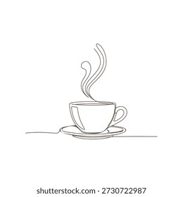 A simple line drawing of a steaming cup of coffee sitting on a saucer with rising steam.
