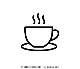 A simple line drawing of a steaming hot beverage cup on a saucer, perfect for food service or restaurant concepts