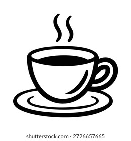 Dibujo de línea simple de una taza caliente humeante de café en un platillo, aislado en un fondo blanco.