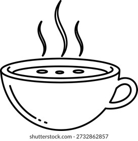 Un dibujo de línea simple de una taza de café caliente humeante con tres líneas de vapor ascendentes