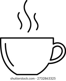 A simple line drawing of a steaming hot coffee cup with a handle on the right side, emitting three wavy steam lines.