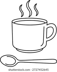 Eine einfache Linienzeichnung eines Dampfkrug mit einem Griff und einem davor platzierten Löffel