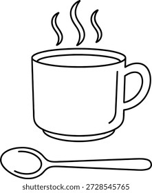 Un simple dibujo de línea de una taza humeante con un mango y una cuchara colocada frente a ella