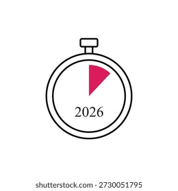 A simple line drawing of a stopwatch with a red timer and the year 2026 displayed prominently