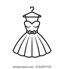 Un simple dibujo de línea de un vestido sin tirantes colgado en una percha de ropa