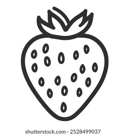 A simple line drawing of a strawberry with seeds and leaves.