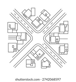 Simple line drawing of a street intersection with surrounding buildings