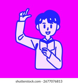 Línea simple que dibuja la mano del levantamiento del estudiante con el gráfico de la ilustración del libro