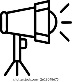 Um simples desenho de linha de uma luz de estúdio em um tripé, luz irradiante. Útil para projetos de design.