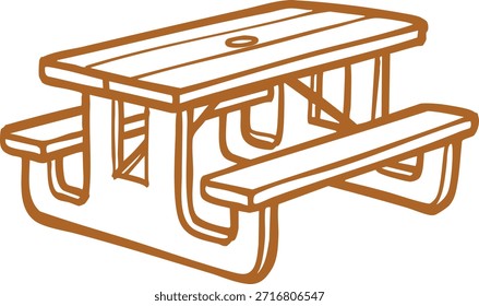 Desenho de linha simples de uma mesa de piquenique resistente com bancos anexados.