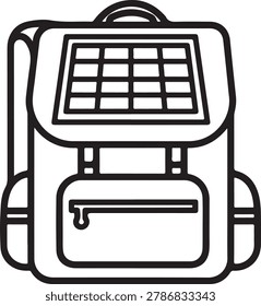 Simple line drawing of a stylish backpack featuring a solar panel on the main compartment for eco-friendly charging