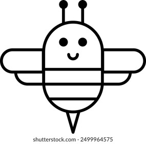 Simple line drawing of a stylized bee with antennae, wings, smiling face, and segmented body.