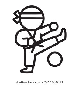 A simple line drawing of a stylized martial arts figure performing a dynamic roundhouse kick. The figure wears a headband and gi, embodying the spirit of combat sports. Perfect for representing action and discipline.