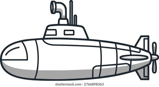 A simple line drawing of a submarine with a periscope, windows, and propellers. The submarine is gray and white.