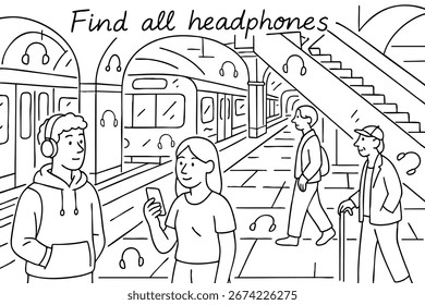 Einfache Linie Zeichnung einer U-Bahn-Station mit Zügen und Menschen einschließlich versteckter Kopfhörer für Kinder Puzzle.