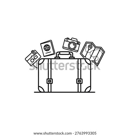 A simple line drawing of a suitcase with various travel-related items emerging from it, including a camera, passport, ticket, and map. The image represents the excitement and anticipation of travel and exploration.