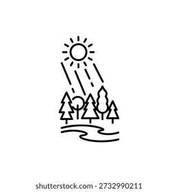 Simple line drawing of sun shining over trees by a stream in a serene natural landscape