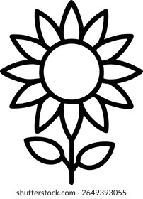 A simple line drawing of a sunflower with petals and leaves on a stem in black and white color palette