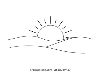 Simple line drawing sunrise over rolling hills