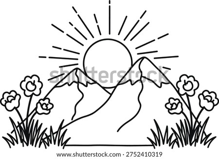 A simple line drawing of a sunrise over mountains with flowers in the foreground and sun rays emanating from the sun