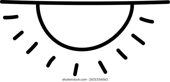 Um simples desenho em linha de um nascer do sol com raios que se estendem para fora. A imagem retrata um meio-sol emergindo com feixes lineares irradiando. Ilustração de vetor de desenhos animados.