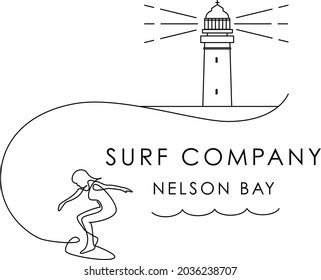 Dibujo de línea simple Logo de Surf con faro 