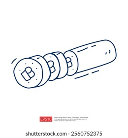 A simple line drawing of sushi rolls arranged in a row, showcasing a popular Japanese dish. The illustration emphasizes the food's shape and presentation.