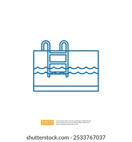 Eine einfache Linienzeichnung eines Swimmingpools mit einer Leiter, die Wasserwellen darstellt. Diese Grafik stellt Freizeitaktivitäten und Entspannung dar.