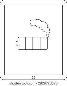 A simple line drawing of a tablet device showing a battery symbol with smoke emanating from it, indicating a depleted power level.
