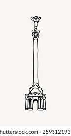 Simple line drawing of a tall column with a statue on top, featuring a decorative base and capital. The column is slender and the statue is small and detailed. Vector illustration.
